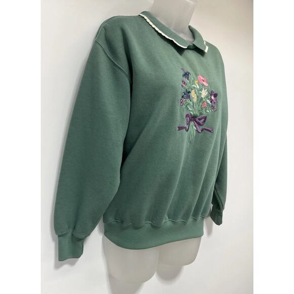 Vintage 80’s ACTIVE EXCHANGE Floral Embroidered Sweatshirt Green Sz S - Picture 3 of 6